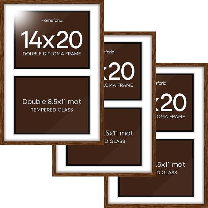 Homeforia 14x20 Double Diploma Frame Brown, High End Dark Oak 14 x 20 Wood Certificate Frames with Mat for Two 8.5x11 Diplomas, 14by20 Dual Walnut Graduation Frames, Tempered Glass, Wall Kit, Set of 3
