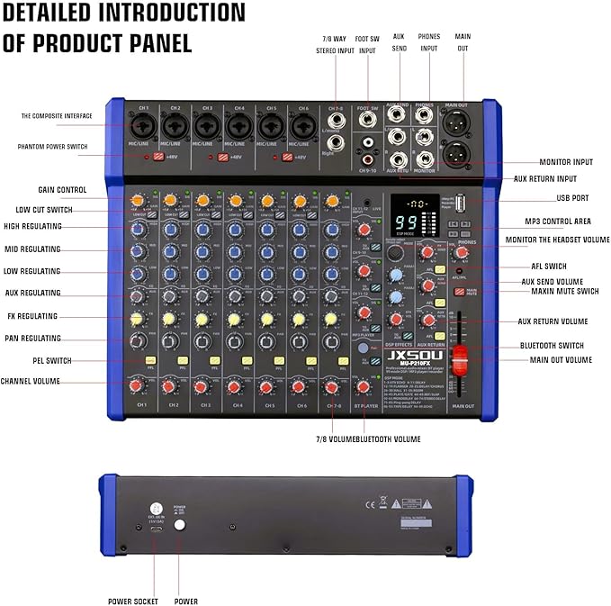 12-Channel Audio Interface Mixer Board, Bluetooth Studio Mixing Console XLR Microphone Jack 99 DSP DJ Mixer Audio Reverb Effect +48V Phantom Mixer For Karaoke Studio Streaming Recording
