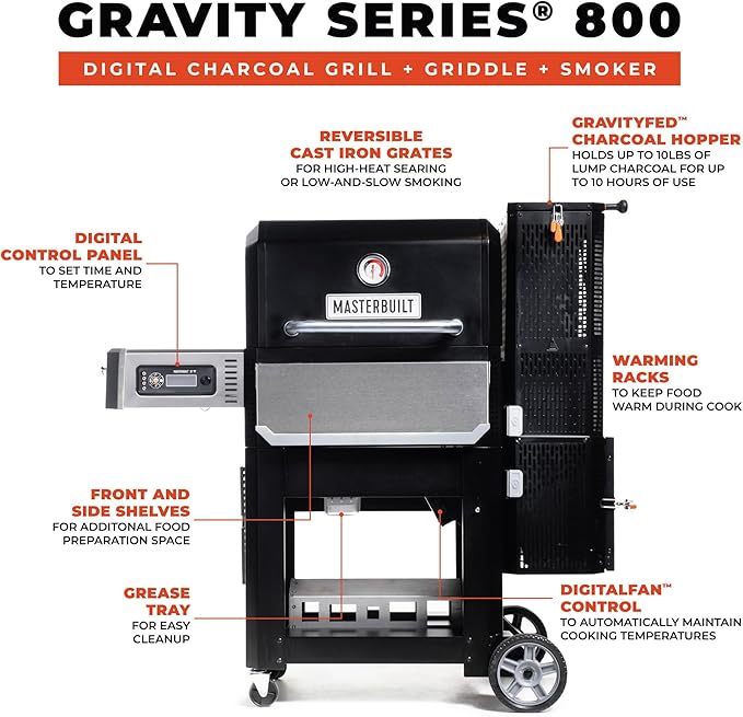 Masterbuilt® Gravity Series® 800 Digital Charcoal Grill, Griddle and Smoker with Digital Control, App Connectivity and 800 Cooking Square Inches in Black, Model MB20040221