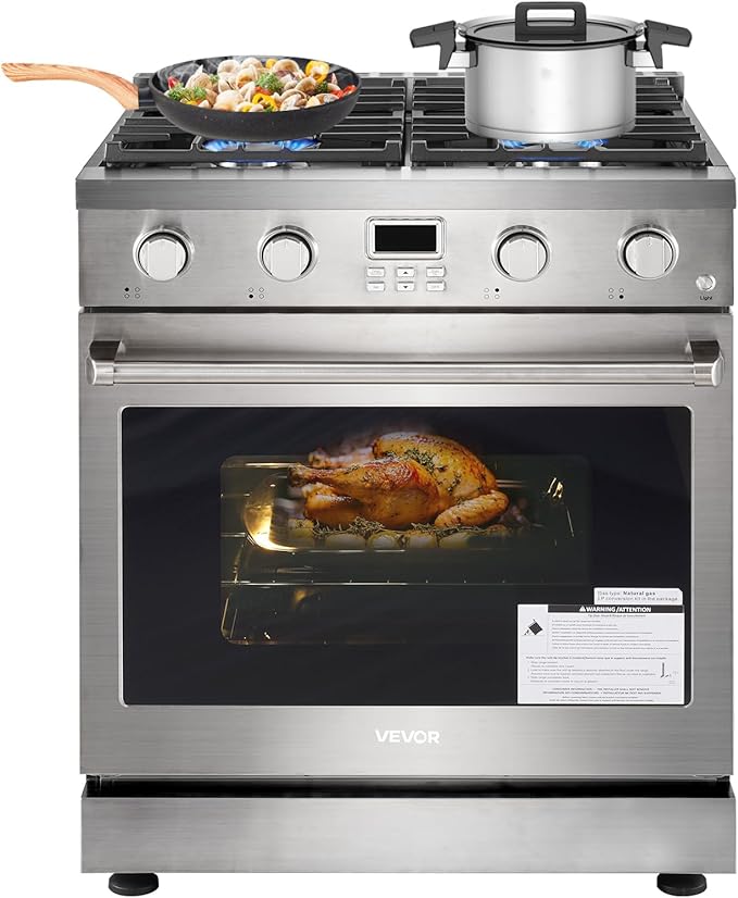 VEVOR Gas Range Oven, 30 Inches Width, Freestanding Stainless Steel Stove and Oven with 4 Sealed Cooktop Burners, Easy Reach Racks, Halogen Light, 4.8 Cu. Ft. Capacity, for Home Apartment Kitchen