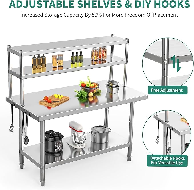 YITAHOME NSF Stainless Steel Table with Overshelves, 48" X 24" Work Table with 48" X 12" Shelf, Metal Table Prep Table for Home Kitchen Restaurant Garage Warehouse