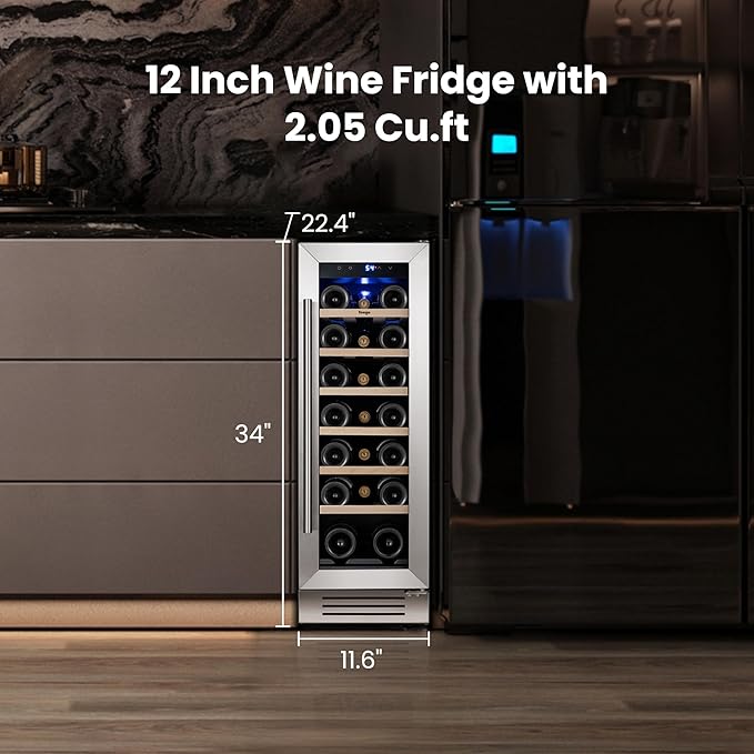 Yeego Wine Fridge Cooler - 12 Inch Wine Fridge Hold 23 Bottles, 40-65°F Wine Refrigerator Glass Door, Built in Fridge, Freestanding or Adjustable Shelves Fridge for Home Bar Office