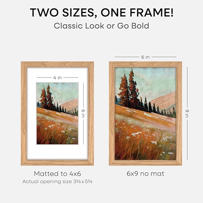 Homeforia 6x9 Picture Frame Natural Wood, High End Oak 6x9 Light Wooden Frames with Mat 4x6 for Photo, 6 x 9 Frame Matted to 4 x 6 Print, 9x6 Wall or Tabletop Frame, Tempered Glass, Wall Kit, Set of 3