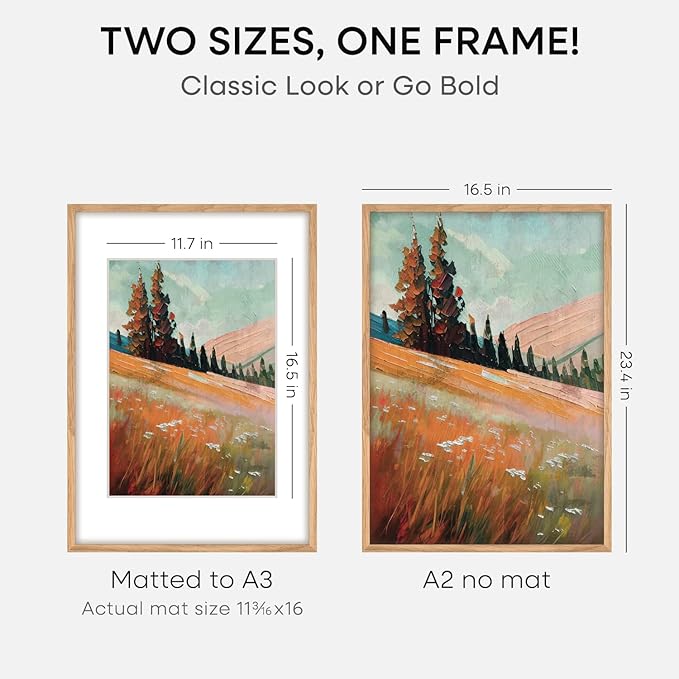 Homeforia A2 Picture Frame Natural Wood, High End Oak 16.5 x 23.4 Wooden Poster Frames Matted to 11.7 by 16.5 Photo, A2 Size Light Wood Frames with Mat A3 for Print, Tempered Glass, Wall Kit, Set of 3