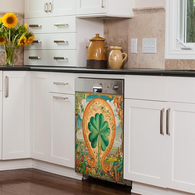 Clover Floral Vintage Colorful Dishwasher Magnet Cover, Reusable Refrigerator Panel Stickers Microwave Front Door Covers Magnets for Kitchen Home Appliances Holiday Party Decorations 23 X 26 in