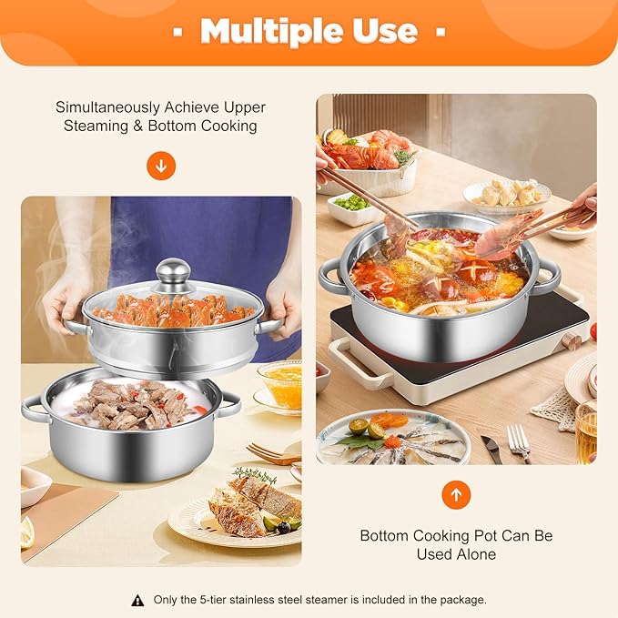 5 Tier Stainless Steel Steamer Cooker, 26cm Steam Pot Kitchen Food Cooking + Glass Lid Meat Vegetable Cooking Steam Pot Kitchen Cookware Food Steamer for Home Kitchen