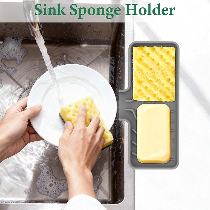 GUUKIN Sponge Holder for Kitchen Sink, 9.8"×4.9" Scrub Daddy Holder, Silicone Sponge Holder, Soap Tray with Drain, Suitable for Kitchens & Bathrooms (Grey)