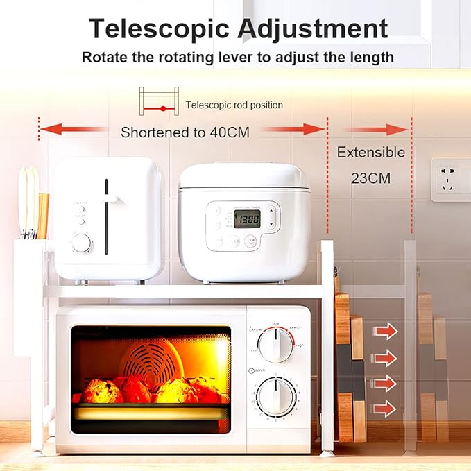 Microwave Storage Rack Retractable Microwave Rack, Hight Adjustable Horizontal Extension Utility Organizer Shelf Counter Toaster Storage Stand, 176Lbs Load Bearing, White/2Tier
