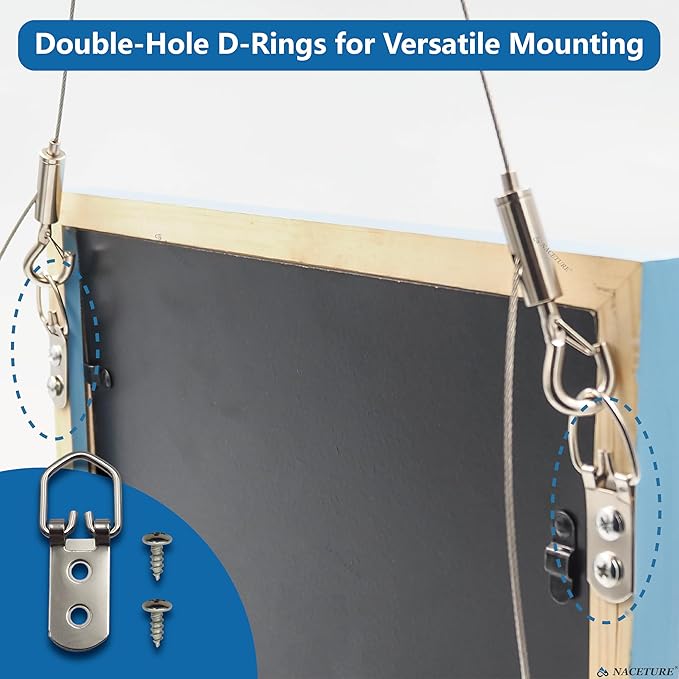 Picture Frame Security Hanging Kit – 6 Pack X 2M Steel Safety Cables with 12 Double-Hole D-Ring Hangers, Heavy-Duty Anti-Drop Wire System for Photos, Posters, Artwork & Gallery Displays