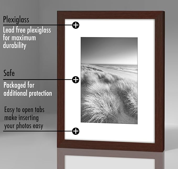 Americanflat 8x10 Picture Frame with Polished Plexiglass - Set of 5 - Use as 5x7 Frame with Mat or Display 8x10 Photo Without Mat - Galleria Collection - Picture Frames for Tabletop or Wall - Mahogany