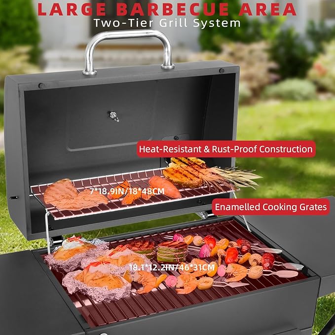 Charcoal Grill with Side Shelf, 353 Sq.Inch Cooking Area,Large Smoker Barbecue Grill with Warming Rack,Outdoor BBQ Grill with Charcoal Tray for Yard, Camping, Picnic