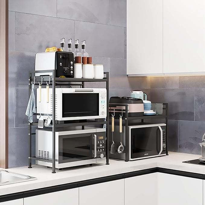 Microwave Storage Rack Microwave Oven Rack Kitchen Microwave Oven Rack Toaster Stand Kitchen Counter Shelf Expandable and Height Adjustable Steel Countertop Storage Shelf - Black/75Cm, 49.5Cm