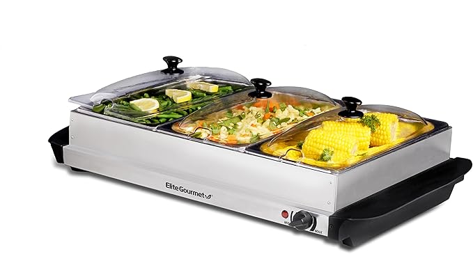 Elite Gourmet EWM-6171# Triple 3 x 2.5 Qt. Trays, Buffet Server, Food Warmer Temperature Control, Clear Slotted Lids, Perfect for Parties, Entertaining & Holidays, 7.5 Qt Total, Stainless Steel