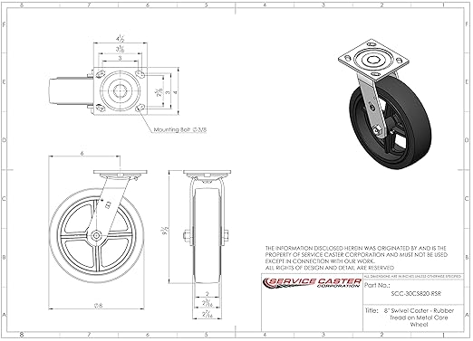 Service Caster Brand Replacement Caster for Uline Caster H-3327S - Swivel Top Plate Caster with 8 Inch Rubber on Metal Wheel - Heavy Duty Replacement Caster - Fits Platform, U-Boat and Trucks H-1192