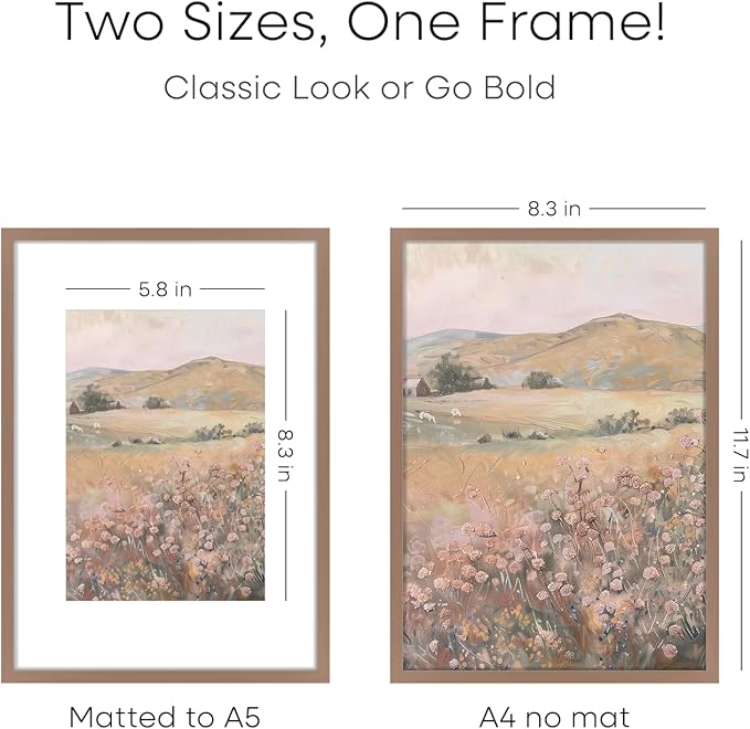 Homeforia A4 Picture Frame Mocha, High End Metal 8.3 x 11.7 Frames for Wall, A4 Photo Frame with Mat for A5 inch Print, 8.25 by 11.75 Mocha Poster Frames, 8.3x11.7 Frame with Glass, Wall Kit, Set of 1
