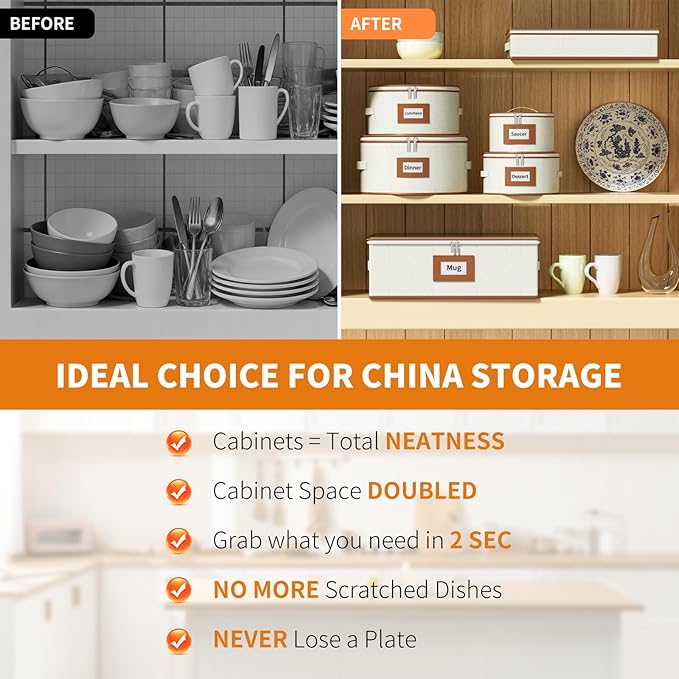 Aokeyee 6-Piece China Storage Containers Set, Hard Shell Moving Boxes for Dishes, Plates, Mugs & Flatware – Dinnerware Organizer with Soft Dividers, Sturdy Handles & Zippers, Ivory