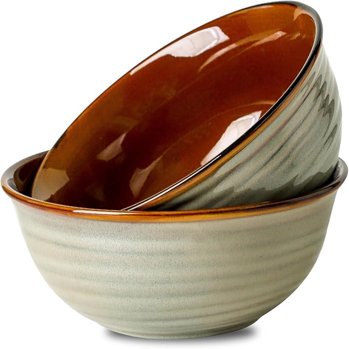 Serving Bowls, 60oz Deep Ceramic Mixing Bowls for Salad Pasta Soup Pho Popcorn, 8.4In Large Bowl Set of 2 for Baking Cooking Kitchen Party Dinner, Microwave and Dishwasher Safe, Brown