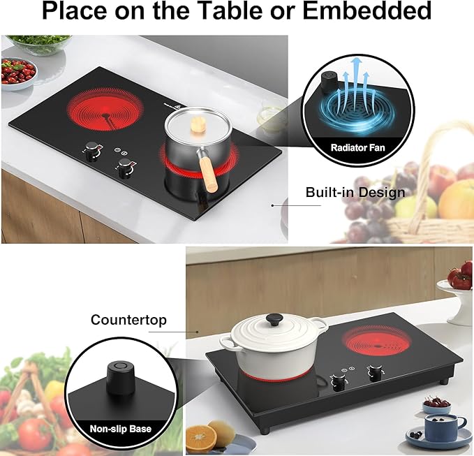 VBGK Electric Cooktop,2400W Electric Stove Top,Countertop and Built-in Hot Plate with Child Safety Lock, Timer, LED touch Knob Control,Overheat Protection,110V 2 Burner Induction Cooktop
