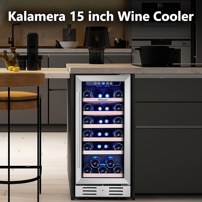 Kalamera 15 Inch Wine Cooler Refrigerator - 30 Bottle Under Counter Mini Fridge with Double-Layer Tempered Glass Door and Temperature Memory Function Built-in or Freestanding