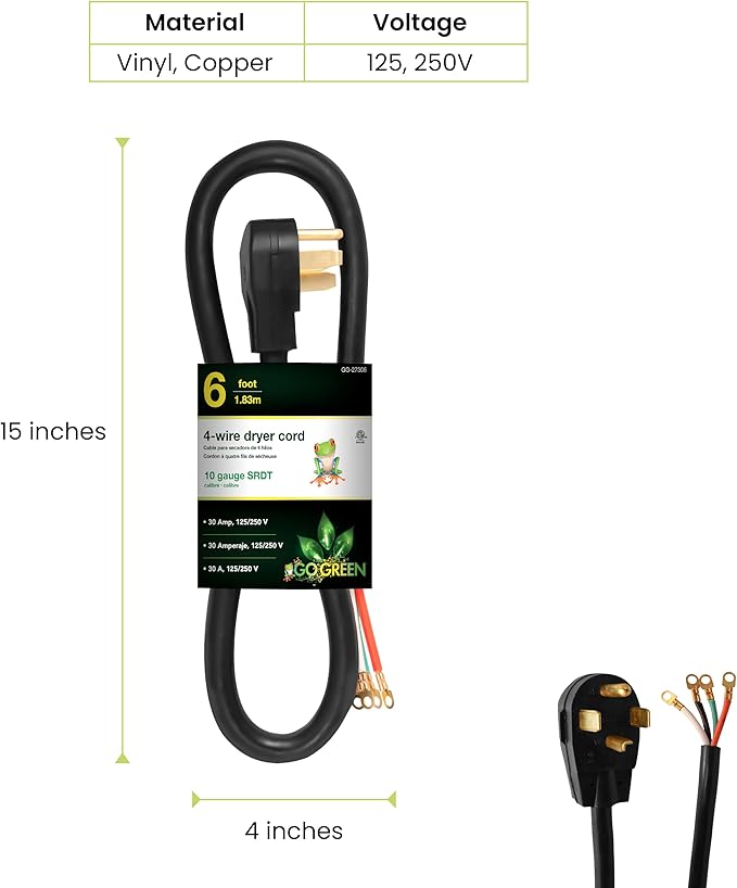 GoGreen Power (GG-27306) 6’ 4-Wire Dryer Cord, 30 Amps, 6 Ft
