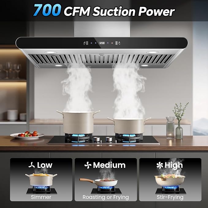 Tiesay Island Range Hood 36 Inch, 700 CFM kitchen Hood with Dual-Sided Touch/Gesture/Remote Control, Ceiling Mount, Convertible Ducted/Ductless, 3-Speed Fan, 3 Stainless Steel Baffle Filters