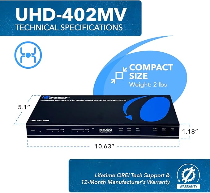 OREI 4K Multi HDMI Viewer Quad 4 in 2 Out, Matrix Switcher 4 Ports Seamless IR Remote Support 4K @ 60Hz 1080P for PS4/PC/DVD/Security Camera, HDMI Switch Optical Audio L/R Output - UHD-402MV