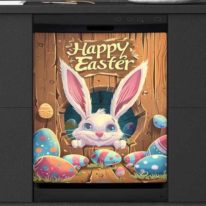 Cute Easter Bunny Egg Wood Cave Dishwasher Magnet Cover, Reusable Refrigerator Panel Stickers Microwave Front Door Covers Magnets for Kitchen Home Appliances Holiday Party Decorations 23 X 26 in