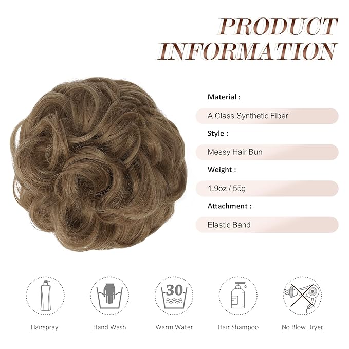 FESHFEN Large Messy Bun Hair Piece - Wavy Synthetic Chignon Scrunchies Elastic Ponytail Hair Extensions Thick Hairpieces for Women, Light Brown mix Natural Blonde 1.94oz