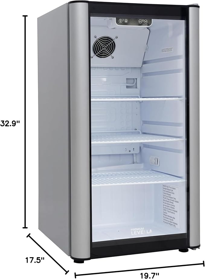PremiumLevella PRF36DX Glass Door Display Refrigerator 3.1 cu ft Commercial Beverage Cooler Merchandiser - Silver
