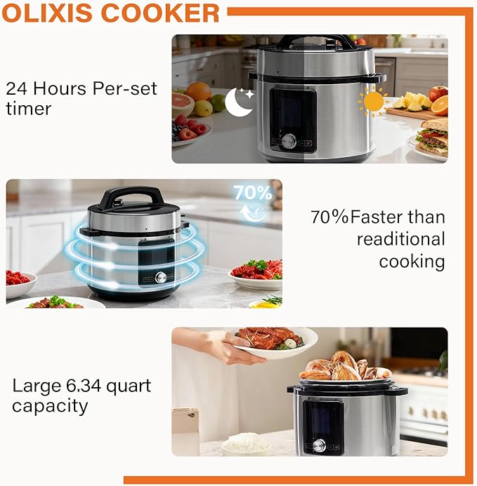 OLIXIS 24-in-1 Electric Pressure Cooker 6.34 Quart, Stainless Steel Multi-Cooker for Canning, Slow Cook, Yogurt, Steam, Rice, Soup, Bean, Poultry, Beef, Bake, Stew & Porridge, Family Size
