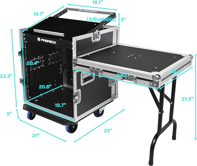 PRORECK 12U Rack/Road Case With Slant Mixer Top, One Side table And Casters, 20'' Rackable Depth, Plywood, 12U Installation Size, Pro Stage Performance.
