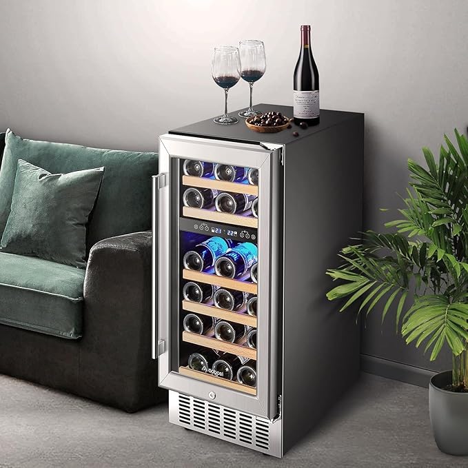 AAOBOSI 15 Inch Wine Cooler Refrigerator, 28 Bottles Dual Zone Wine Fridge with Double-Layer Glass Door and Temperature Memory Function,Built-in or Freestanding