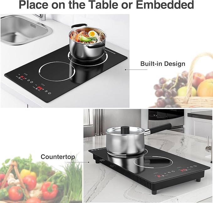 Double Induction Cooktop,110V 2 Burner Induction Cooktop,2300W Electric Stove Top with Independent Control, Ultrathin Body, 9 Temperature, Multiple Power Levels, 2 Hour Timer, Safety Lock