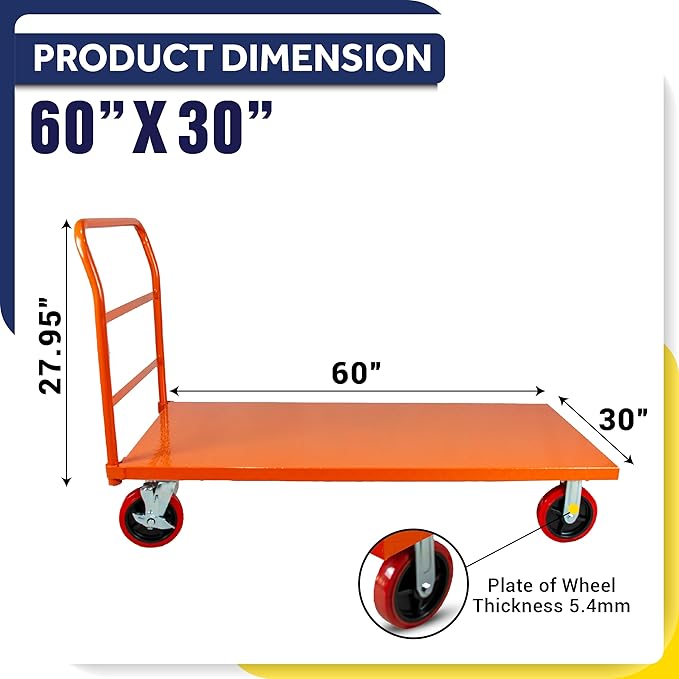 Platform Cart Industrial Dolly Cart 3300LB Heavy Duty 60” x 30” Platform Hand Truck Push Cart Super Heavy Duty Diamond Plate Commercial Flatbed Cart 8'' Moving Swivel Wheels (Orange)