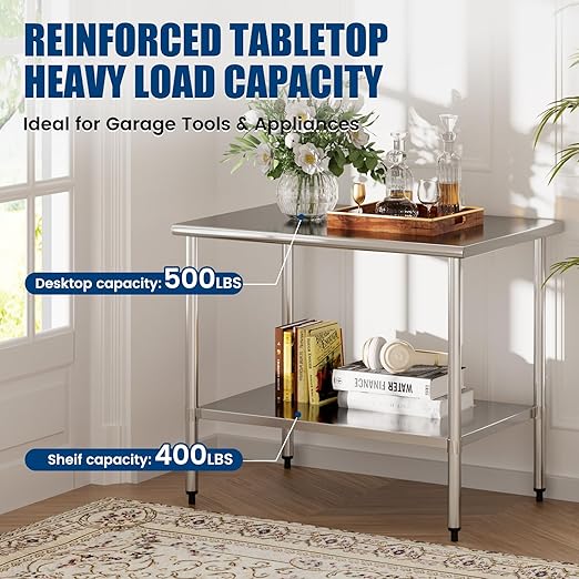 Stainless Steel Work Table 30 x 48 Inch with Adjustable Undershelf, Heavy-Duty Metal Prep Table for Commercial Kitchen & Restaurant, Garage, Outdoor
