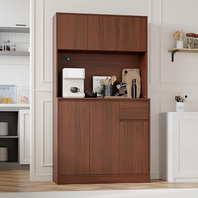 71" Tall Brown Kitchen Pantry Cabinet with 6 Doors & Power Outlet, Freestanding Storage Hutch with Countertop, Adjustable Shelves for Dining Room, Laundry Room