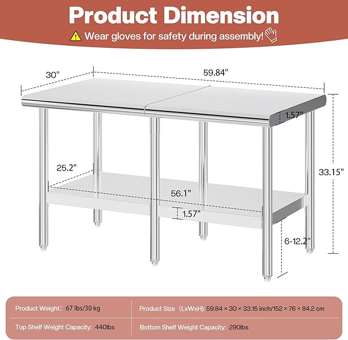 Jocisland 30" x 60" Stainless Steel Table for Prep & Work Adjustable Under Shelf and Feet, for Commercial Kitchen, Restaurant, Hotel, Garage