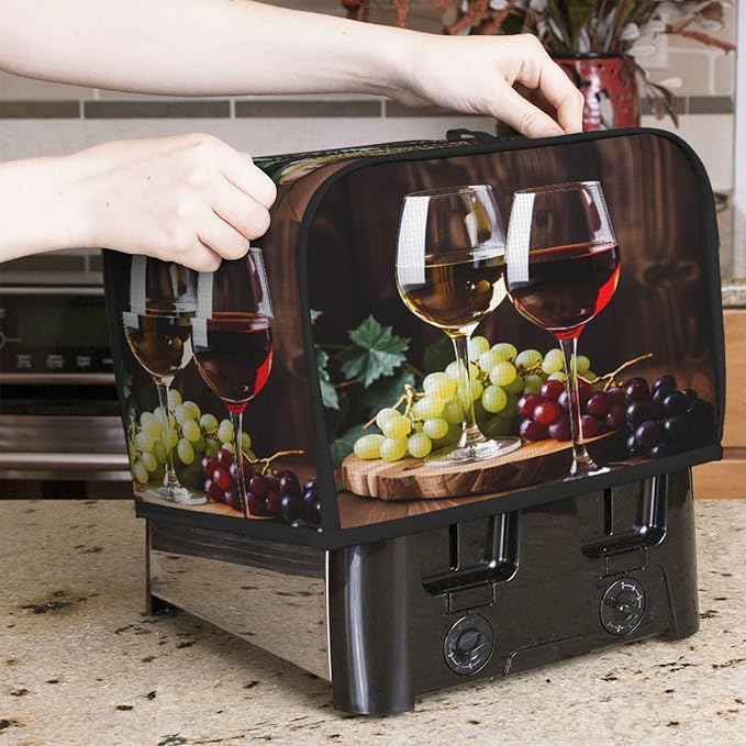 Toaster Cover 2 Slice Red Wine Glass Grapes Waterproof Appliance Cover with Hang Loop Bread Baker Toaster Cover for Kitchen