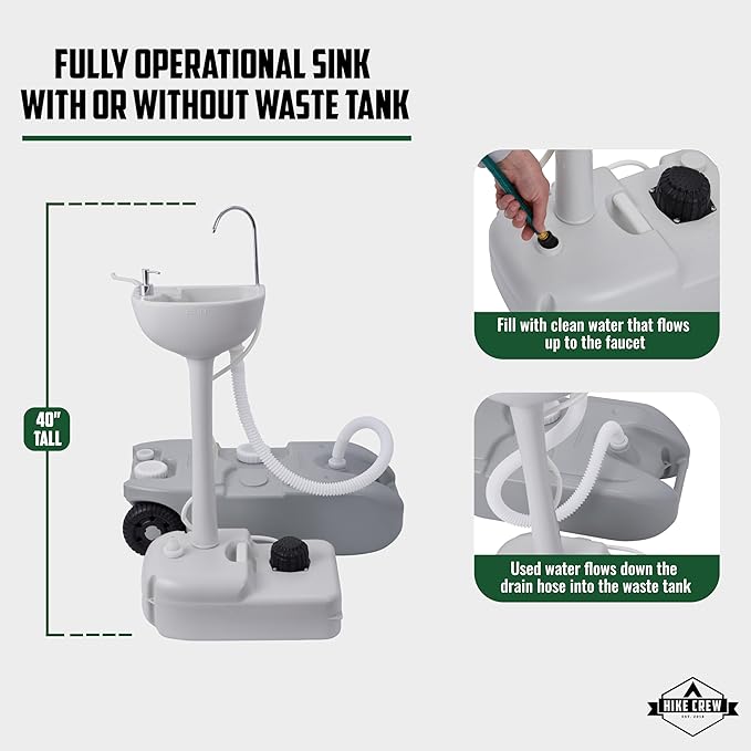 Hike Crew Portable Camping Sink & Waste Tank | Large Outdoor Hand Washing Station with 4.5 Gal Capacity, Hands-Free Foot Pump, Faucet, Soap Dispenser & Towel Rack | Includes 10 Gal Travel Waste Tank