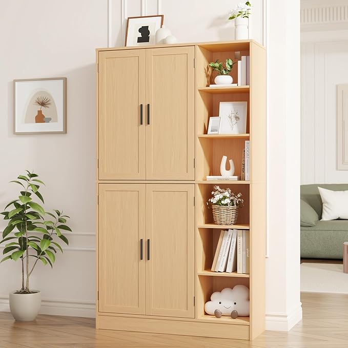 63" Tall Oak Kitchen Pantry, Freestanding Storage Cabinet with 4 Doors, Adjustable Shelves for Dining Room, Laundry Room