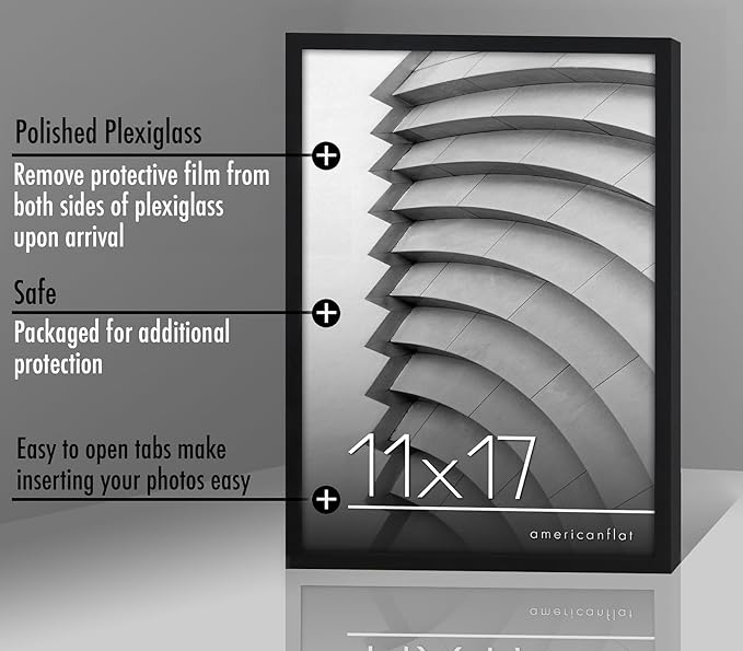 Americanflat 11x17 Picture Frame with Polished Plexiglass - Streamline Collection - Thin Border Picture Frame for Wall Display - Hanging Hardware Included - Black