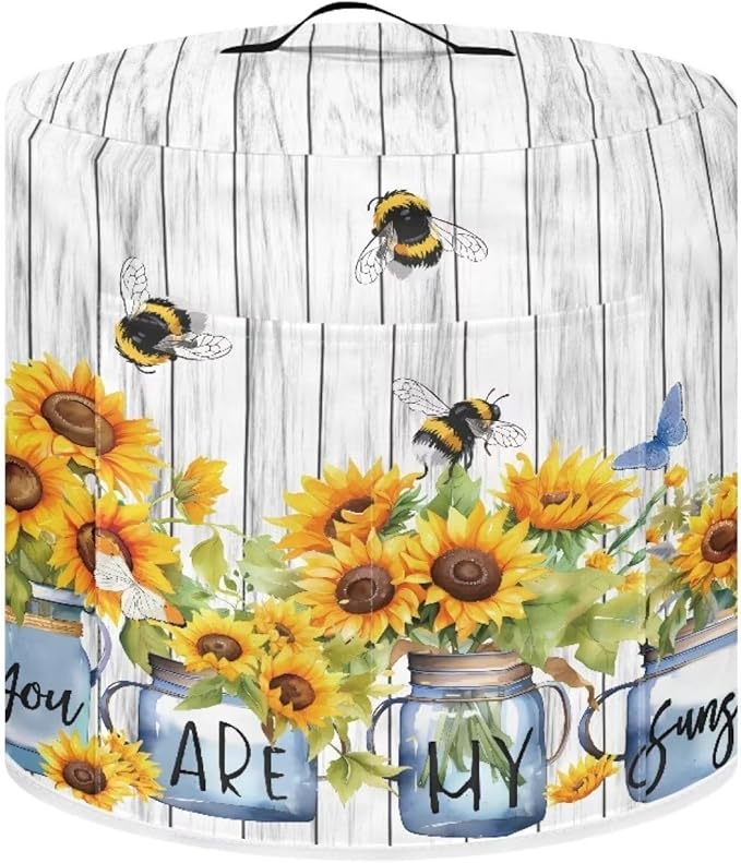 Insulated Pressure Cooker Appliance Cover, Also Fit for Rice Cooker, Air Fryer and Crock Pot, 8 Quart Dust Cover with Pocket for Spoon/Cooking Utensils/Recipes, Washable, Sunflower Vase Bee