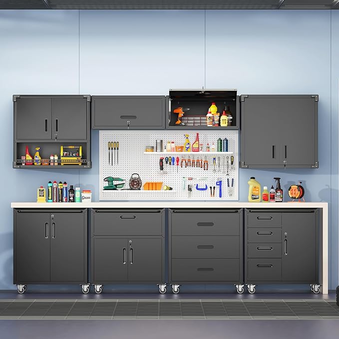 Black Garage Storage Cabinet with Drawers Metal Tool Cabinets on Wheels Heavy Duty Tool Storage Carts with Lock Rolling Tool Cart Mobile Cabinet for Warehouse Basement, Assembly Required