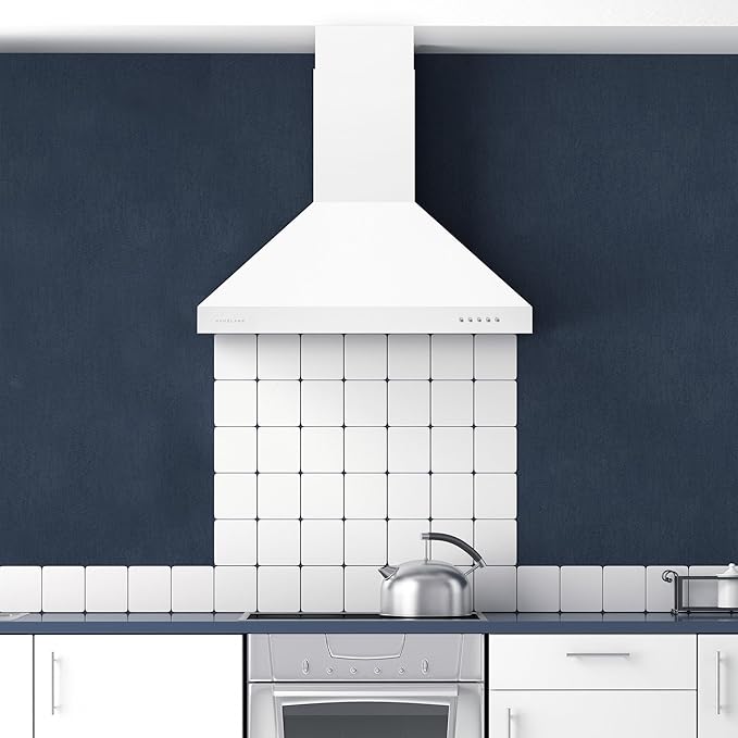 Hauslane Wall Mount Range Hood 30 Inch | Matte White Wall Chimney | 6” Duct/Ductless Convertible, Strong Suction, Six-layer Aluminum Filters, Changeable LED Lamps, Stove Kitchen Vent Hood