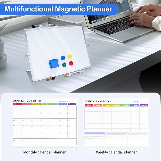 3 in 1 Colorful Magnetic Dry Erase Weekly Planner&Monthly Calendar& 16"x12" Double Sided Magnetic Desktop Whiteboard with Stand,8 Markers, 4 Magnets, 1 Eraser for Office,School,Home