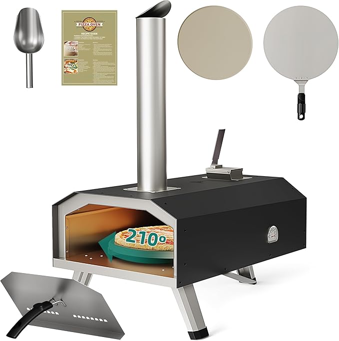 YITAHOME 12" Pizza Oven Outdoor, Wood Pellet Pizza Ovens with Rotating and Built-in Thermometer, Outside Pizza Stove with Peel, Stone and Recipes for Backyard Party Christmas Gifts