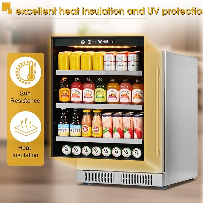 24 Inch Outdoor Beverage Refrigerator Cooler, Stainless Steel Beverage Fridge for 164 Cans, Built-in Counter or Freestanding 3-Color LED Light Beer and Drink Fridge for Bar Home Office