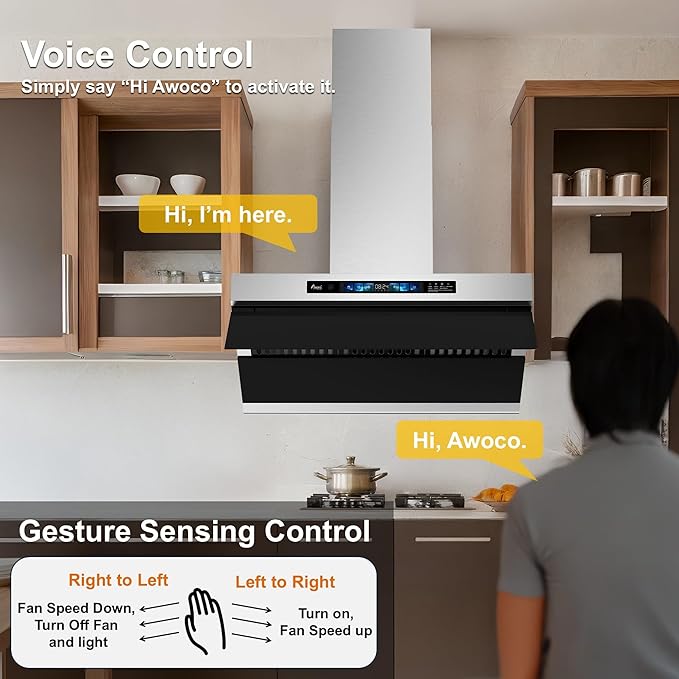 Awoco 36" Wall Mount Range Hood, Side-Draft Design, 4 Speeds Exhaust Fan with 800 CFM, Voice, Gesture, Touch & Remote Control, 6" Vent, Dimmable LED Light Bars, Adjustable Chimney up to 39"