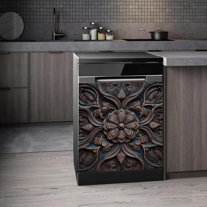 Vintage Wood Flower Dishwasher Magnet Cover, Farm Wooden Carved Floral Magnetic Dishwasher Covers for Front, Farmhouse Fridge Magnets Refrigerator Skin Panel Cover, 23"x 26"