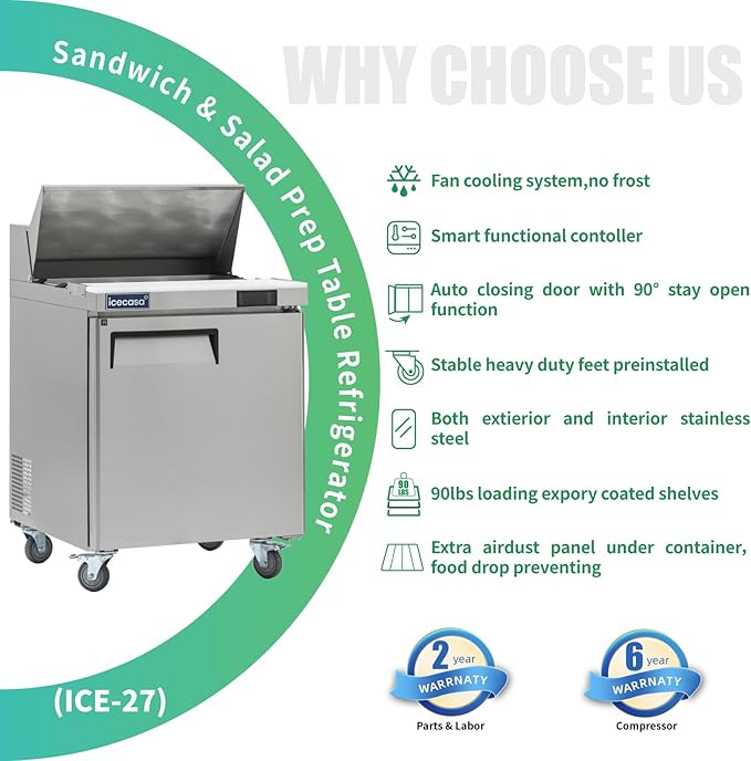 ICECASA 27" W Commercial Refrigerator Sandwich&Salad Prep Table single Door Stainless Steel Counter Fan Cooling Refrigerator with 8 pans-27 Inches for Restaurant, Bar, Shop, etc